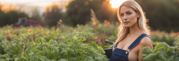 Foto jonge volwassen vrouwelijke boer die in een biologische groentetuin werkt op een zonnige ochtend generatieve ai-kunst