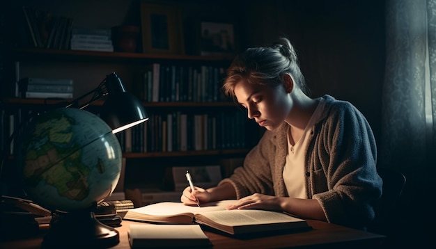 Jonge volwassene die literatuur in de bibliotheek binnenshuis bestudeert, gegenereerd door AI