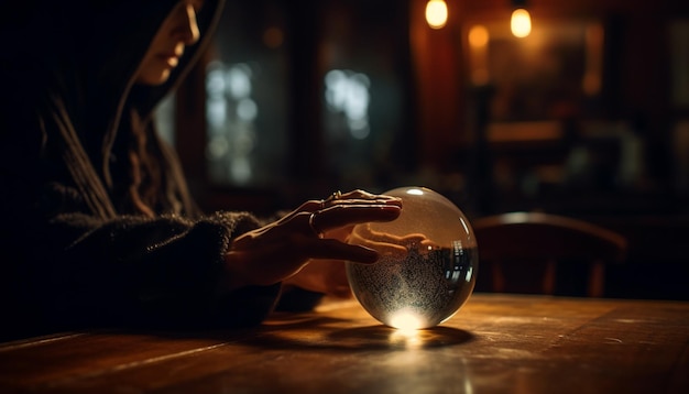 Jonge volwassenen die aan tafel zitten met een gloeiende bol gegenereerd door AI