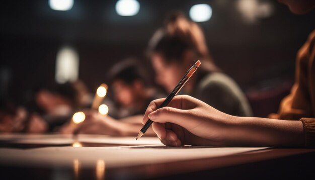 Jonge volwassenen die binnen studeren aan een tafel met pennen en potloden gegenereerd door kunstmatige intelligentie