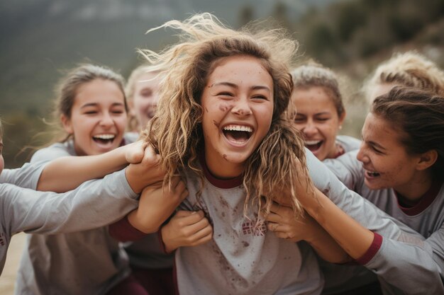 Foto jonge volwassenen verbinden zich met buitensport om teamwerk en vriendschap te vieren