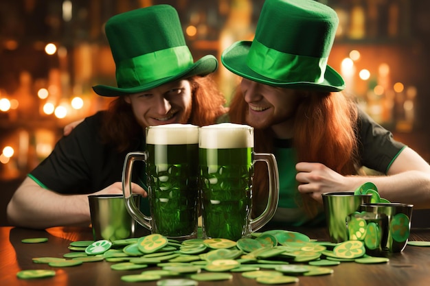 Jonge vrienden die samen lachen op St. Patrick's Day en bierglazen vasthouden aan de kroegtafel.