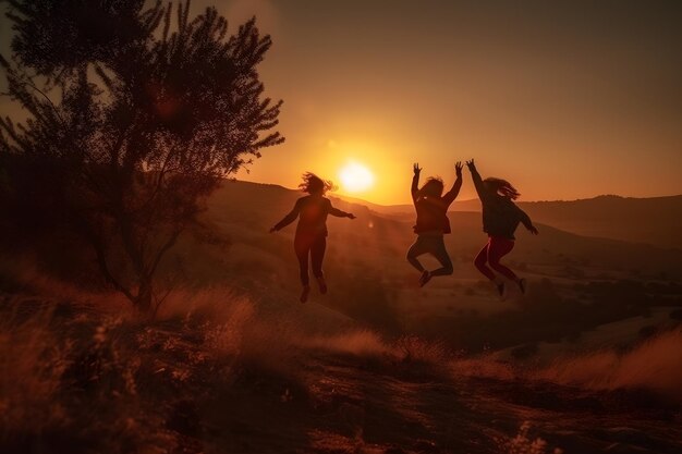 Jonge vrienden springen vrolijk tegen de achtergrond van de zonsondergang Neuraal netwerk AI gegenereerd