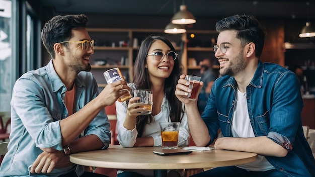 Jonge vrienden zitten in een café terwijl ze alcohol drinken.