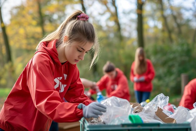 Jonge vrijwilliger die recycling in de buitenlucht sorteert