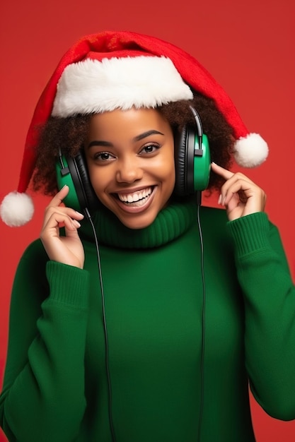 Jonge vrolijke Afro-Amerikaanse vrouw draagt coltrui kerstmuts poseren, luister naar muziek in een koptelefoon, zing lied, geniet van geïsoleerd op een studio-achtergrond in kleur