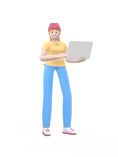 Jonge vrolijke hipster meisje in een hoed staat met een laptop in haar handen