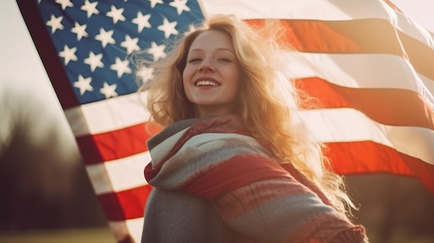 Jonge vrolijke vrouw schouders Amerikaanse vlag groet viering