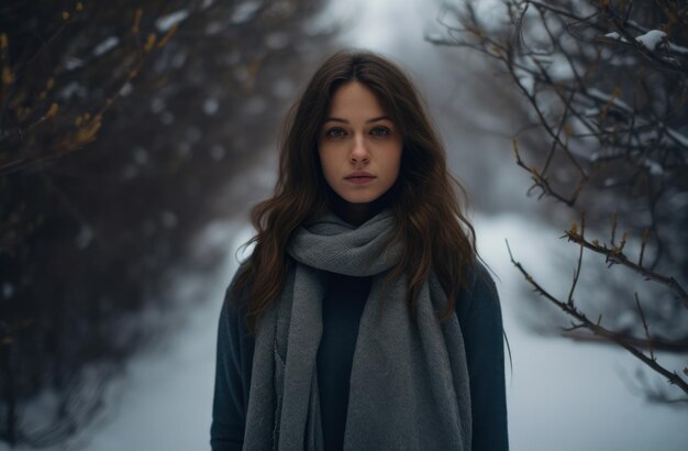 Jonge vrouw alleen in een besneeuwd bos