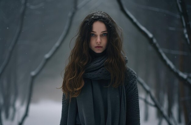 Jonge vrouw alleen in een besneeuwd bos