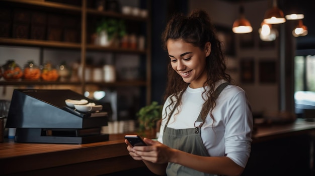jonge vrouw barista gebruikt de mobiele telefoon om betaling van jonge in de koffieshop te accepteren
