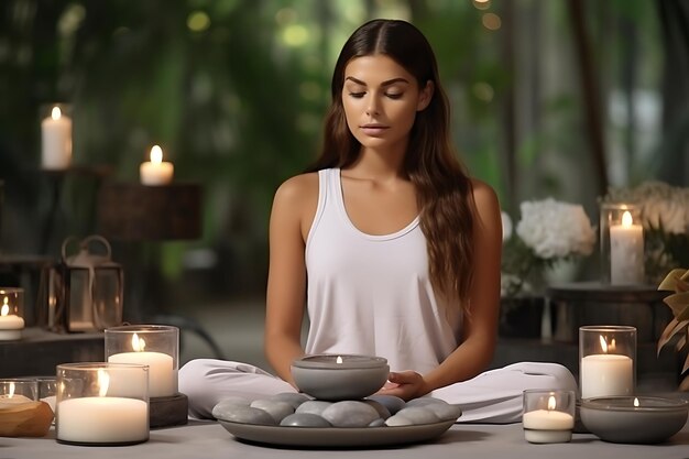 Foto jonge vrouw beoefent asanas thuis op de mat