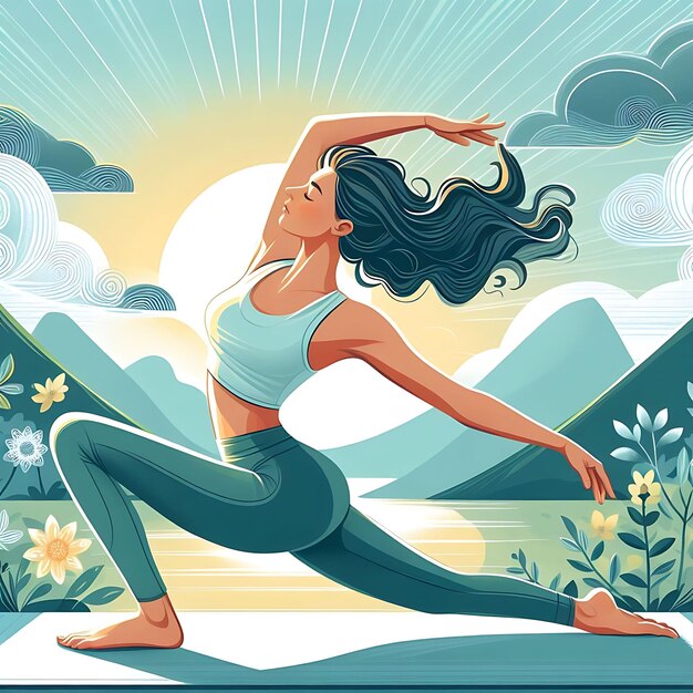 Foto jonge vrouw beoefent yoga fysieke en spirituele oefening vector illustratie