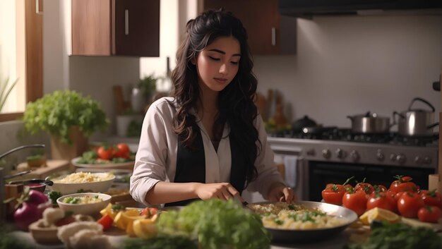 Foto jonge vrouw bereidt eten voor in de keukengeneratieve ai