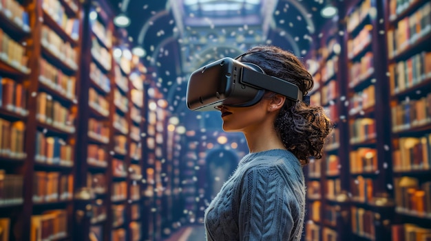 Jonge vrouw bezig met een virtual reality-ervaring tussen bibliotheek boekenplanken Immersieve technologie