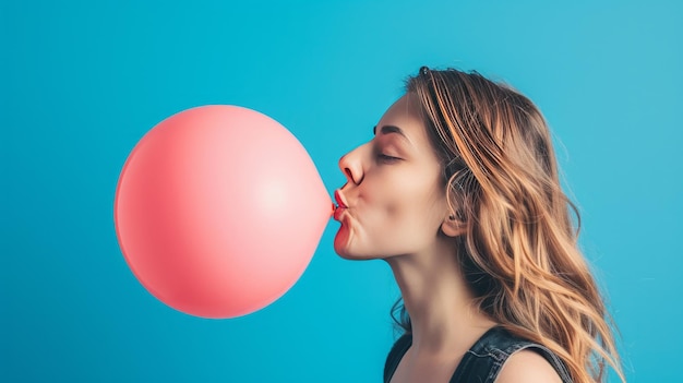 Jonge vrouw blaast ballon op blauwe achtergrond Studio foto met copyspace