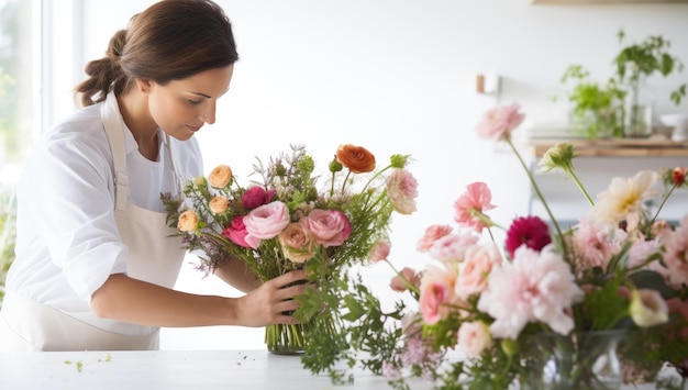 Jonge vrouw bloemist boeket bloemen maken in moderne bloemenwinkel