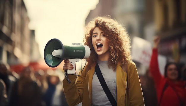 Jonge vrouw buiten met een groep demonstranten op de achtergrond die met een megafoon in de straat protesteren