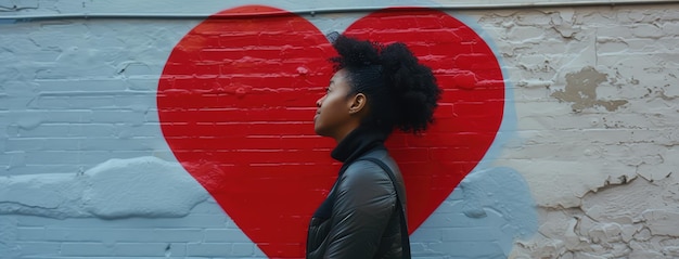 Jonge vrouw contemplatie met hart graffiti achtergrond