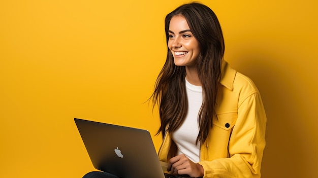 Jonge vrouw die aan een laptop werkt op een gele achtergrond