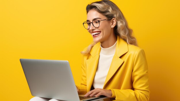 Jonge vrouw die aan een laptop werkt op een gele achtergrond