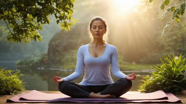 Jonge vrouw die buiten yoga beoefent op een zonnige dag Concept van een gezonde levensstijl