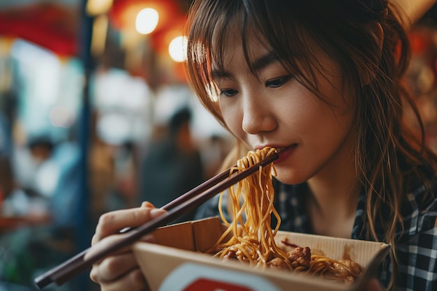 Jonge vrouw die Chinese noedels uit een doos eet