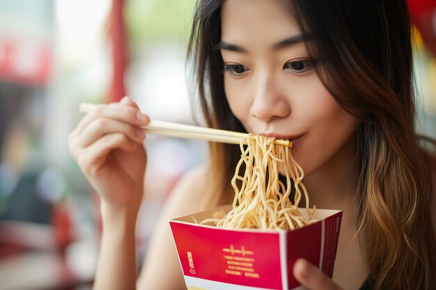 Foto jonge vrouw die chinese noedels uit een doos eet