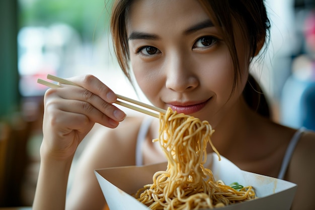 Foto jonge vrouw die chinese noedels uit een doos eet