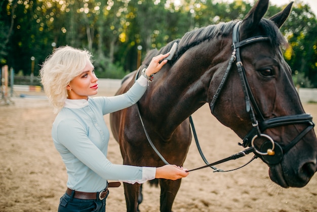 Jonge vrouw die de manen van het paard kamt