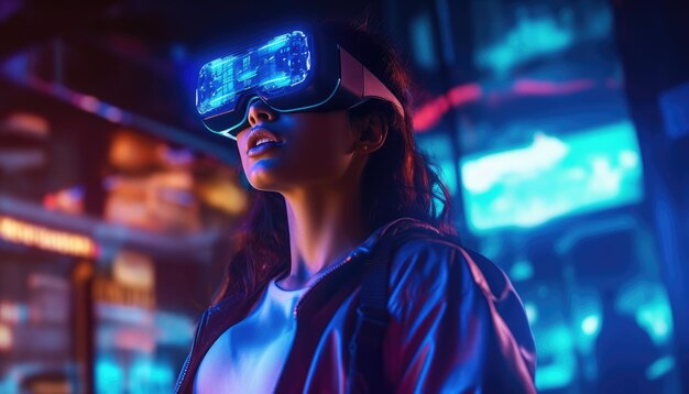 Jonge vrouw die de virtual reality-bril draagt in een stad 's nachts