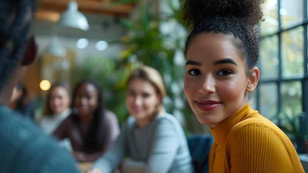 Jonge vrouw die deelneemt aan een groepsgesprek casual zakelijke bijeenkomst in een moderne kantoorruimte expressieve gezichtskenmerken trekken de aandacht perfect voor communicatiegerelateerde inhoud AI