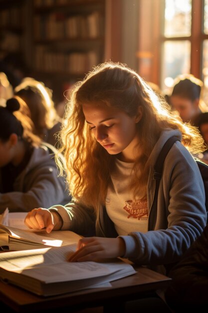 Jonge vrouw die een boek leest in een bibliotheek