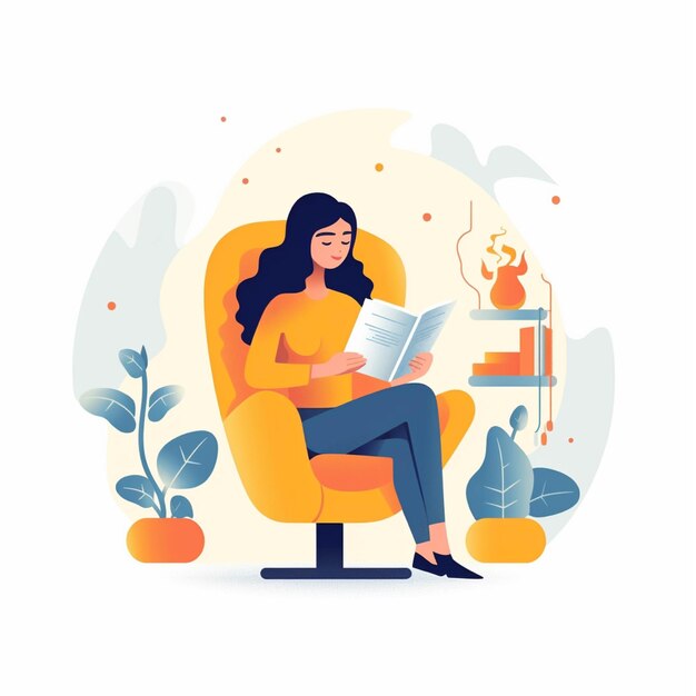 Jonge vrouw die een boek leest in een fauteuil Platte vectorillustratie
