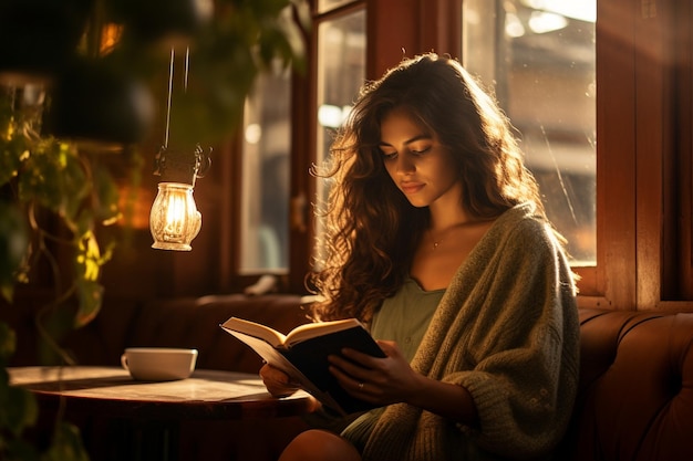 Jonge vrouw die een boek leest in een gezellige koffiewinkel met grote ramen