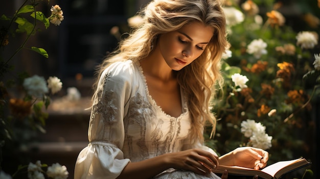 jonge vrouw die een boek leest in het herfstbos