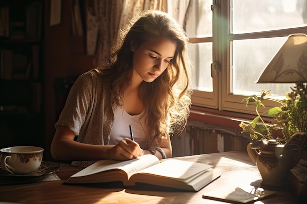 Jonge vrouw die een boek leest om zich voor te bereiden op een examen Hobby concept ontspannen