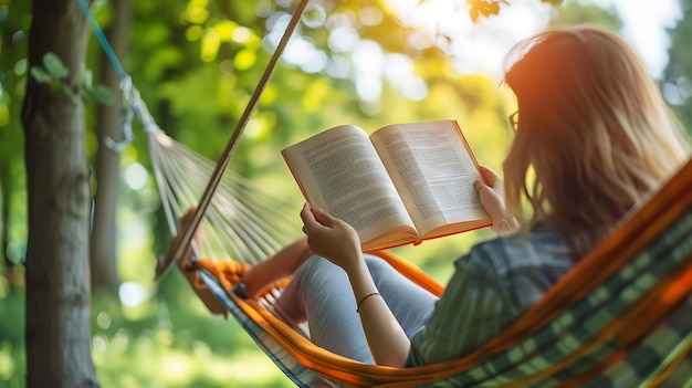 Jonge vrouw die een boek leest terwijl ze in een hangmat in het bos ligt