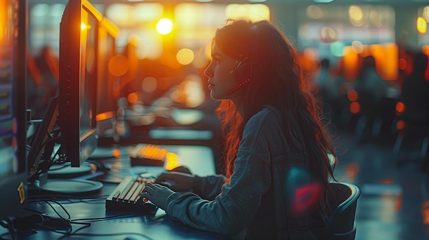 Jonge vrouw die een laptop gebruikt voor zakelijke communicatie Professionele kantoorwerk Digitale levensstijl