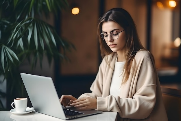 Jonge vrouw die een laptop op kantoor gebruikt Studente die thuis werkt Werkt of studeert thuis