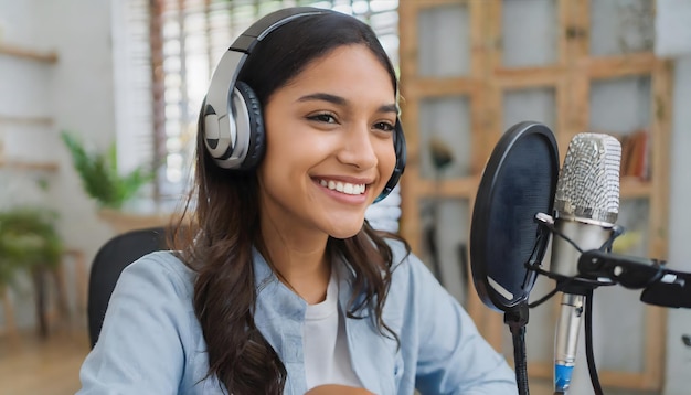 jonge vrouw die een podcast streamt