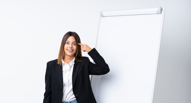 Jonge vrouw die een presentatie op wit bord geeft om de oplossing te realiseren