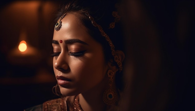 Jonge vrouw die er elegant uitziet in traditionele Indiase sieraden gegenereerd door AI