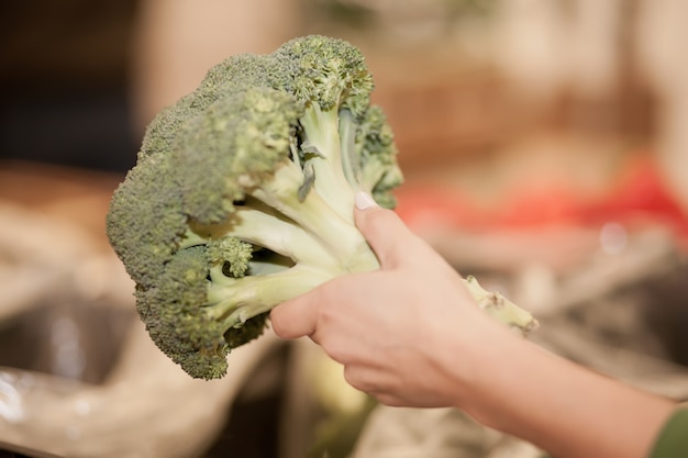 Jonge vrouw die gezond voedsel in supermarkt winkelt. vrouwelijke handen met broccoli. health food concept.