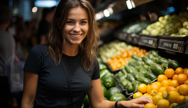 Jonge vrouw die glimlacht en vers fruit kiest in een supermarkt gegenereerd door AI