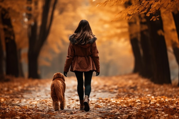 jonge vrouw die haar hond uitlaat in het park in de herfstdagweergave van achter AI gegenereerd