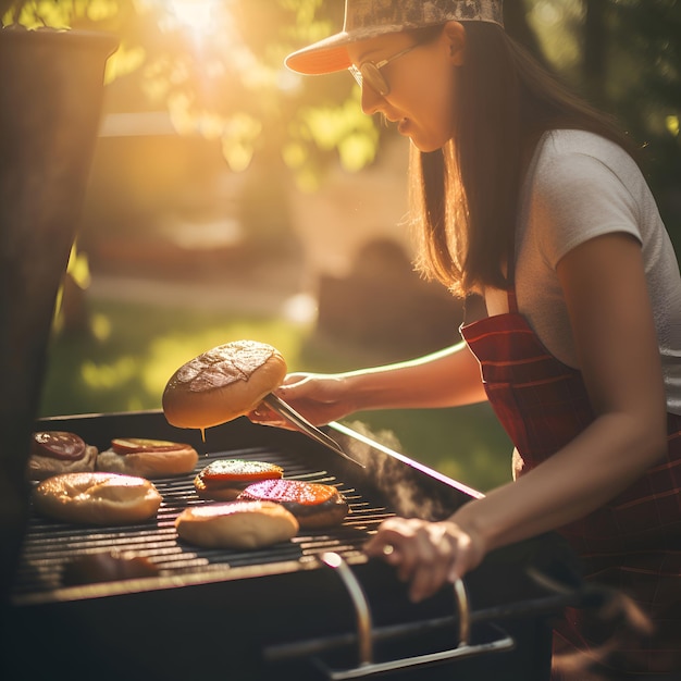 Foto jonge vrouw die hamburgers kookt op de barbecue grill buiten op een zomerdag