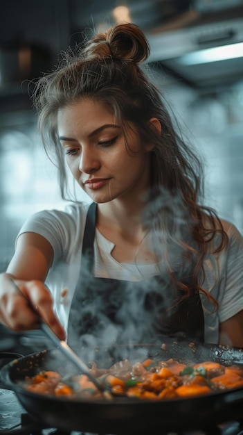 Foto jonge vrouw die in de keuken kookt.