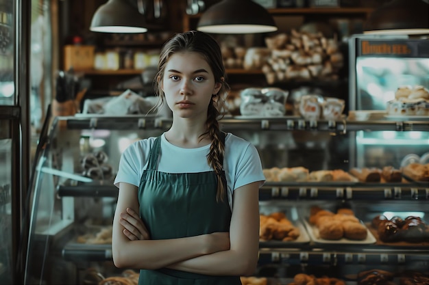 Jonge vrouw die in een bakkerij staat