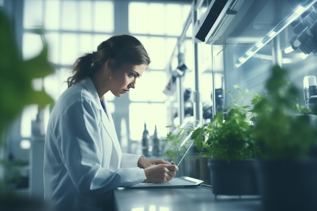 Jonge vrouw die in een biologisch laboratorium werkt in plantenwetenschap, medisch onderzoek of GMO-voedseltechniek